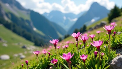 Delicate pink flowers in a rocky alpine meadow, nature, alpine meadow