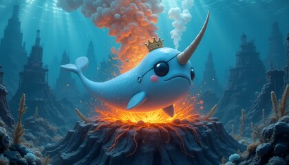 3D Cartoon Narwhal Character - Underwater Volcano Eruption - Wearing a Crown - Whimsical Vibes