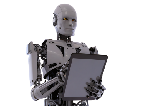 Futuristic white robot holding tablet Isolated on transparent Background PNG.AI GENERATED - Powered by Adobe