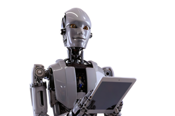 the robot is holding a tablet isolated on white background PNG.AI GENERATED