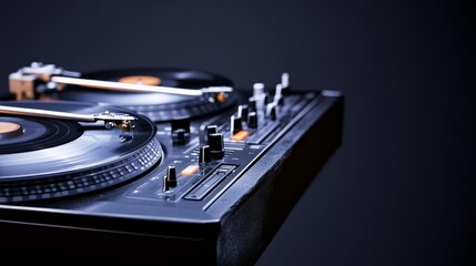A close-up of a DJ turntable setup, showcasing vinyl records and mixing controls.