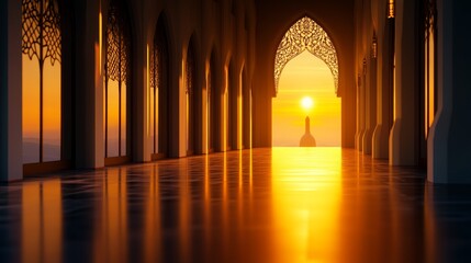 A serene corridor with arches, reflecting sunset light and a silhouette of a statue.
