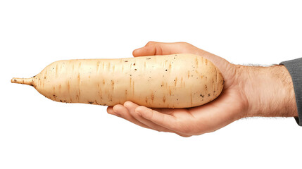 A hand holding a fresh daikon radish on a white isolated background.