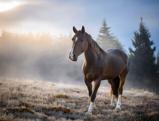 Obraz premium Dark Horse on Foggy Background