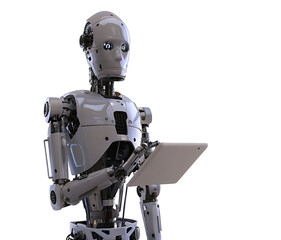 the robot is holding a tablet isolated on white background PNG.AI GENERATED