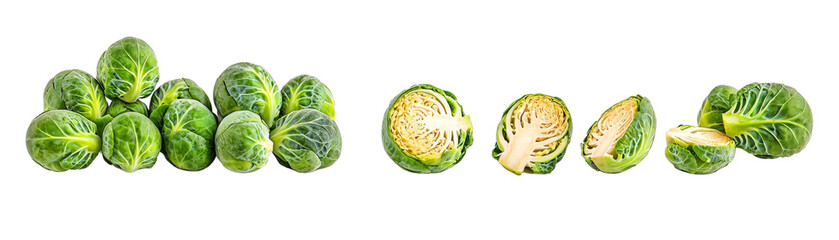 Brussels sprouts, fresh and raw, displayed on a white isolated background.