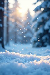 Frosty winter landscape with small snowflakes falling from the sky, small snowflakes, peaceful, icy