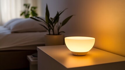 Fototapeta premium Close-up view of a modern sleep monitoring device on a wooden nightstand, featuring sleek design, warm ambient lighting, and minimalist composition, ideal for health and lifestyle concepts