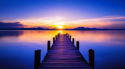 Obraz premium Serene sunset over a calm lake with a wooden pier leading into the horizon.