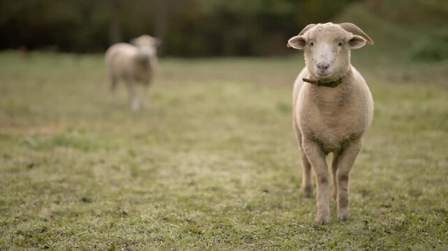 Sheep walking in green field at animal sanctuary in galicia
