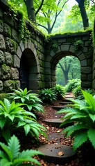 Lush ferns and moss covering ancient stone walls of Terra Nostra, ferns, stone walls, plants