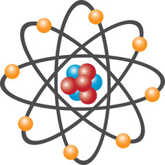 atom structure model. nucleus of protons and neutrons. orbital electrons. vector illustration isolated on white background.