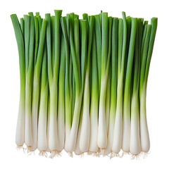 Fresh green onions arranged neatly on a white background, vibrant and healthy for culinary use.