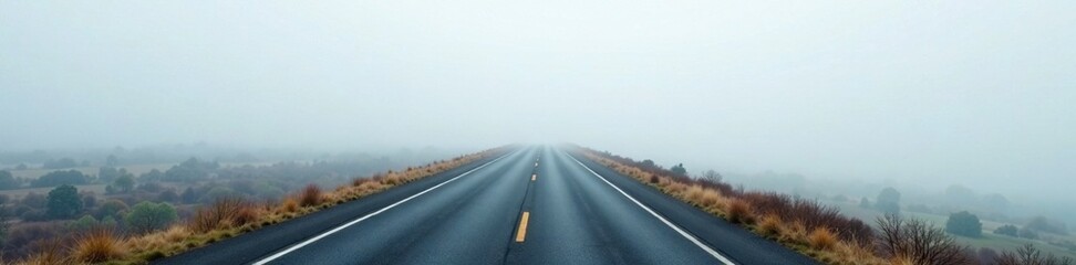 Fototapeta premium Misty highway unwinding into the vast white expanse, foggy, landscape, distance