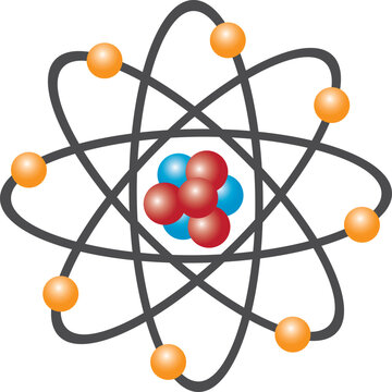 atom structure model. nucleus of protons and neutrons. orbital electrons. vector illustration isolated on white background.