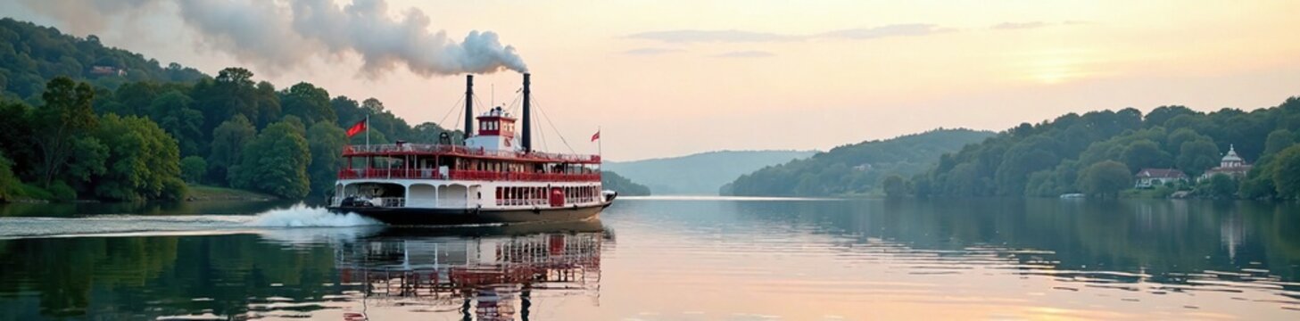 Mississippi River paddle wheel steamboat on calm waters, stillness, calm water, landscape