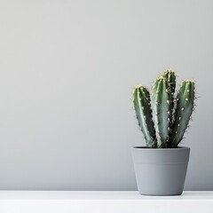 indoor copy space photo of a potted cactus plant on a white desk