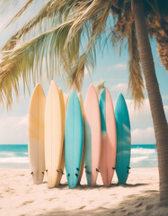 color tropical style travel retro concept beach vacation pastel surfboards surfboard vintage summer ocean surfing wave surf sport palm coast sea board surfer