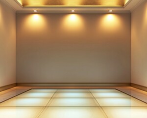 Golden spotlights on minimalist colonial interior, blank wall, frosted glass flooring, glowing ceiling; clean modern aesthetic.