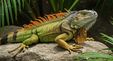 Obraz premium Iguana Basking Under Tropical Sunlight on a Rock Surrounded by Lush Greenery
