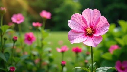 Obraz premium Pink mallow in a garden amidst other flowers and foliage, Garden Scene, Pink Mallow