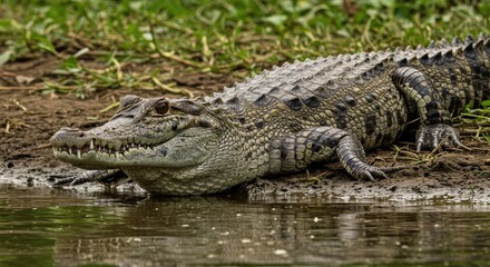 Obraz premium Large Crocodile Resting Near Water on a Sunny Day in a Natural Habitat