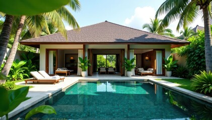 Fototapeta premium Lush greenery surrounds a serene tropical pool villa with a modern design and large windows, landscape, pool, luxury