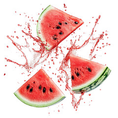Fresh watermelon slices splashing juice, vibrant and appetizing, on a white isolated background.