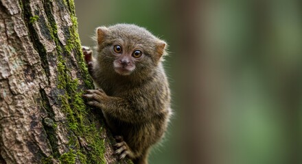 Fototapeta premium A pygmy marmoset clinging to the side of a tree trunk. Highlight its small size, intricate fur patterns, and curious gaze.