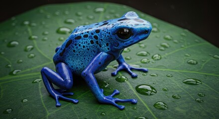 Obraz premium Blue poison dart frog sitting on a mossy rock. Show its glossy, vivid blue skin with black patterns, and add detailed textures of the moss and damp environment.