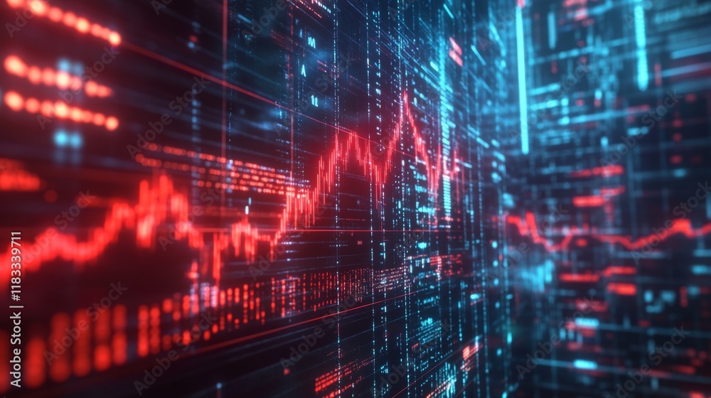 Leinwandbilder a digital visualization of data with glowing red and blue lines, depicting fluctuating graphs and ma