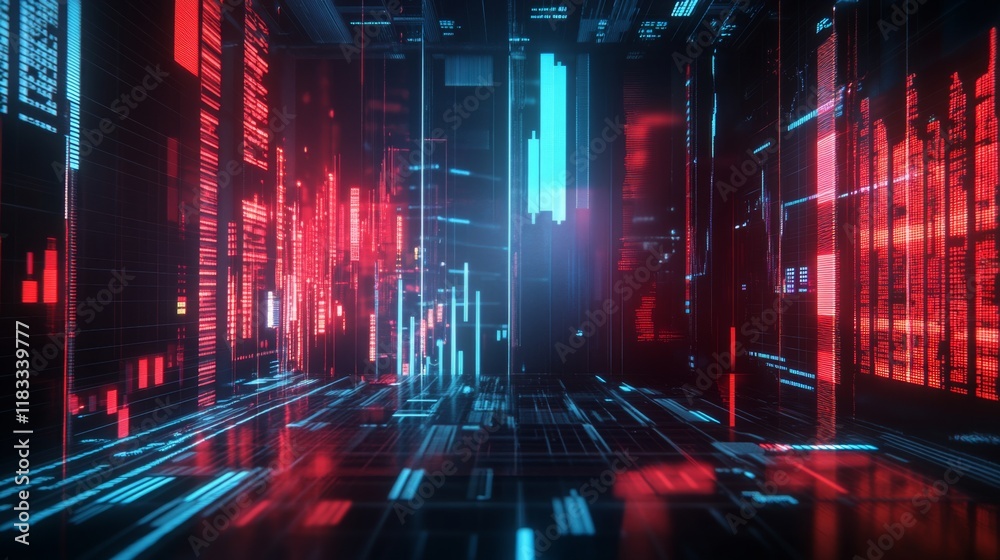 Poster a vibrant digital corridor with glowing red and blue lines, creating a futuristic atmosphere reminis