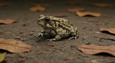 Surinam toad blending with the muddy forest floor.