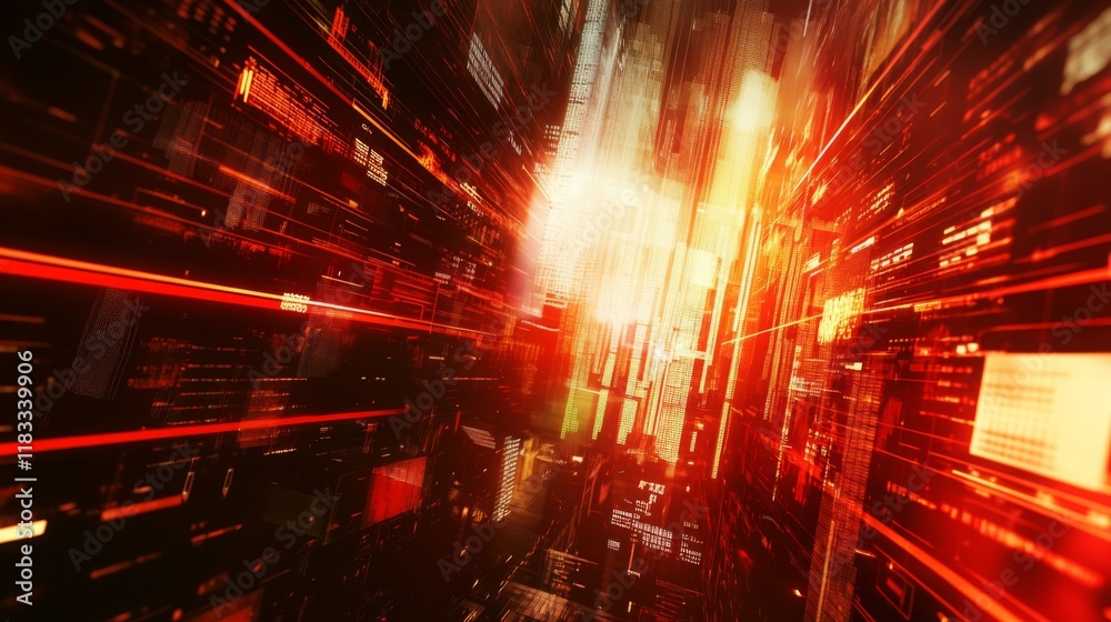 Aufkleber A vibrant, abstract depiction of light and motion, showcasing dynamic red and golden hues against a backdrop of digital imagery.