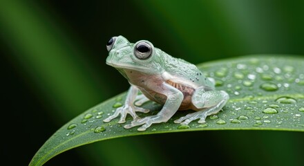 Obraz premium Glass frog perched on a leaf with its translucent skin clearly visible. Highlight its internal organs and tiny bones, surrounded by dew-covered foliage.