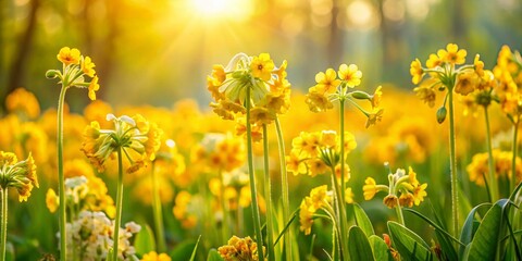 Fototapeta premium Panoramic Spring Meadow with Abundant Blooming Cowslips