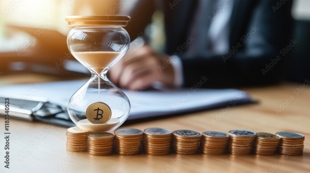 Leinwandbilder an hourglass with a bitcoin symbol sits on a table beside stacks of coins, symbolizing the intersect