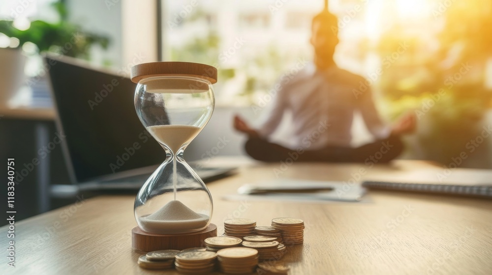 Poster a person meditating with an hourglass and coins in the foreground, symbolizing time management and f