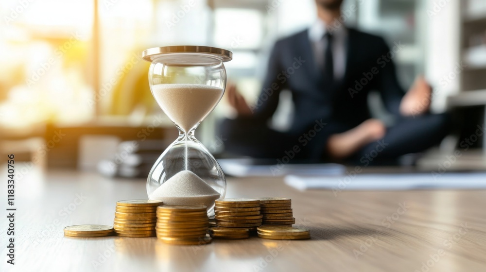 Poster a businessman meditates behind a sand timer and stacks of coins, symbolizing the relationship betwee