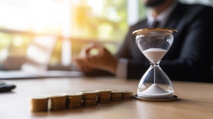 A close-up of an hourglass with coins, symbolizing the relationship between time and money in a business context.