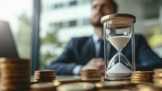A businessman contemplates wealth and time, with an hourglass and stacks of coins symbolizing the balance between financial success and the passage of time.