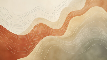 A minimalist abstract artwork featuring organic, flowing lines resembling topographical maps, in earthy tones like beige, olive, and rust. A soft, textured background enhances the natural aesthetic