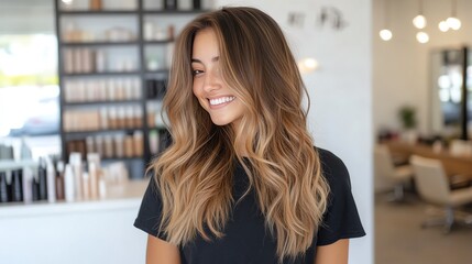 Balayage extensions transitioning from dark roots to caramel tips, arranged in a cascading pattern