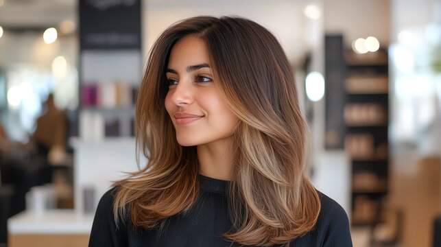 Balayage extensions transitioning from dark roots to caramel tips, arranged in a cascading pattern