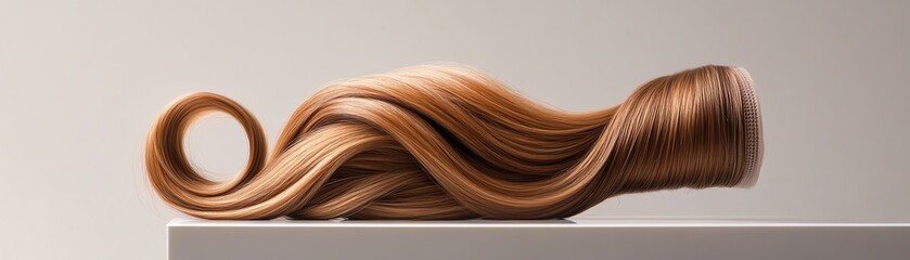 Fototapeta premium Curly human hair extensions, deep chestnut tones, coiled artistically on a reflective platform