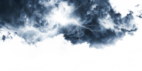 Dark rainy stormy cloud with lightning and rain isolated on transparent and white background.AI GENERATED