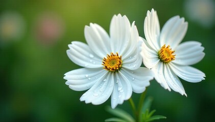 Fototapeta premium white cosmos flowers with dew drops on petals, botanical, flowers