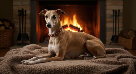 Obraz premium Whippet Lying on Soft Blanket by Roaring Fireplace, Cozy
