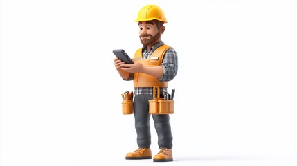 3D cartoon construction worker using smartphone.