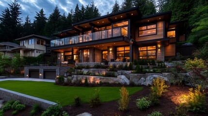Obraz premium Luxury Modern House with Hillside Landscaping at Night